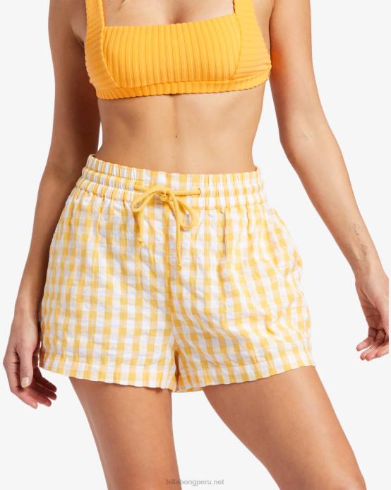 mujer oro Billabong shorts elásticos a cuadros 04LD1896