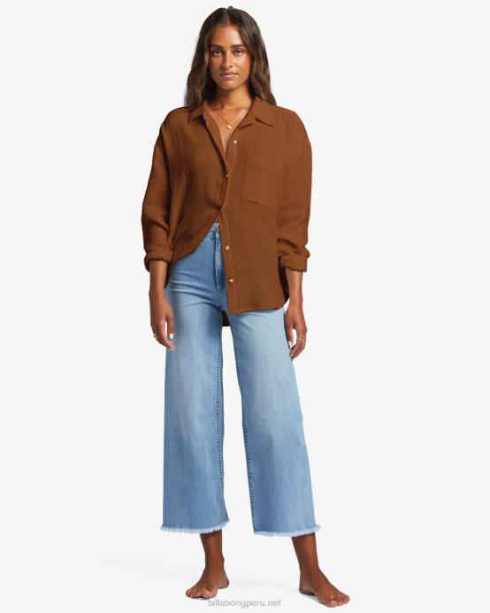 mujer coco tostado Billabong justo en la camisa de manga larga 04LD1765