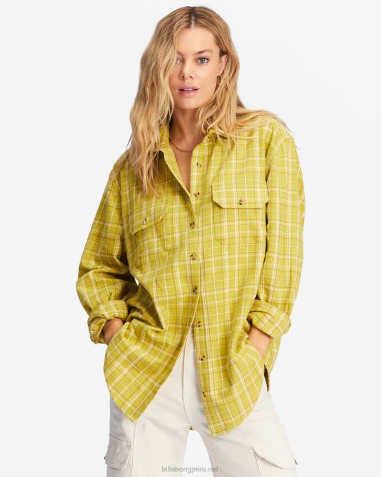 mujer envidia verde Billabong camisa de franela extragrande con botones 04LD2226