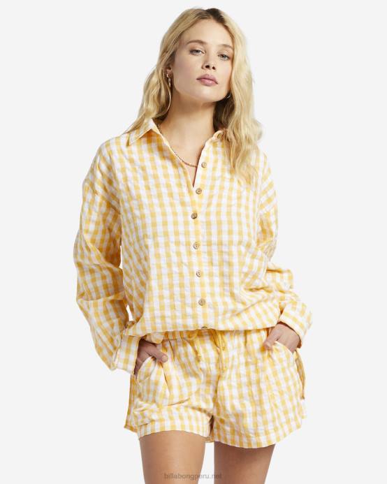 mujer oro Billabong camisa de manga larga a cuadros 04LD1898