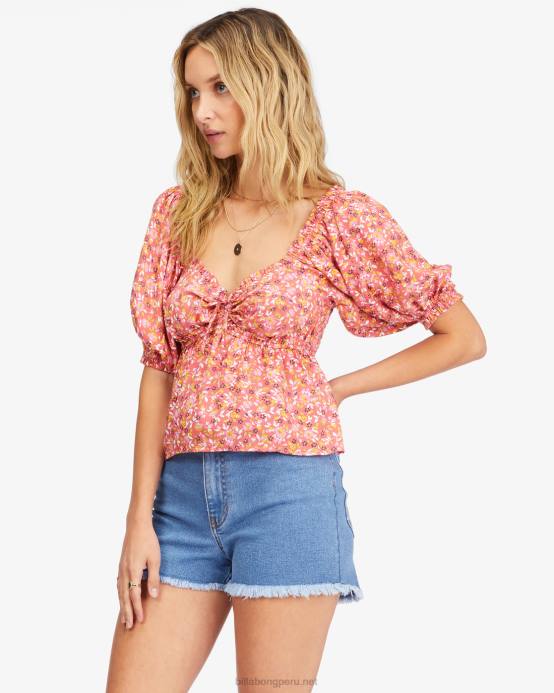 mujer coral de la vendimia Billabong Top corto con mangas abullonadas de Beachy Babe 04LD2257